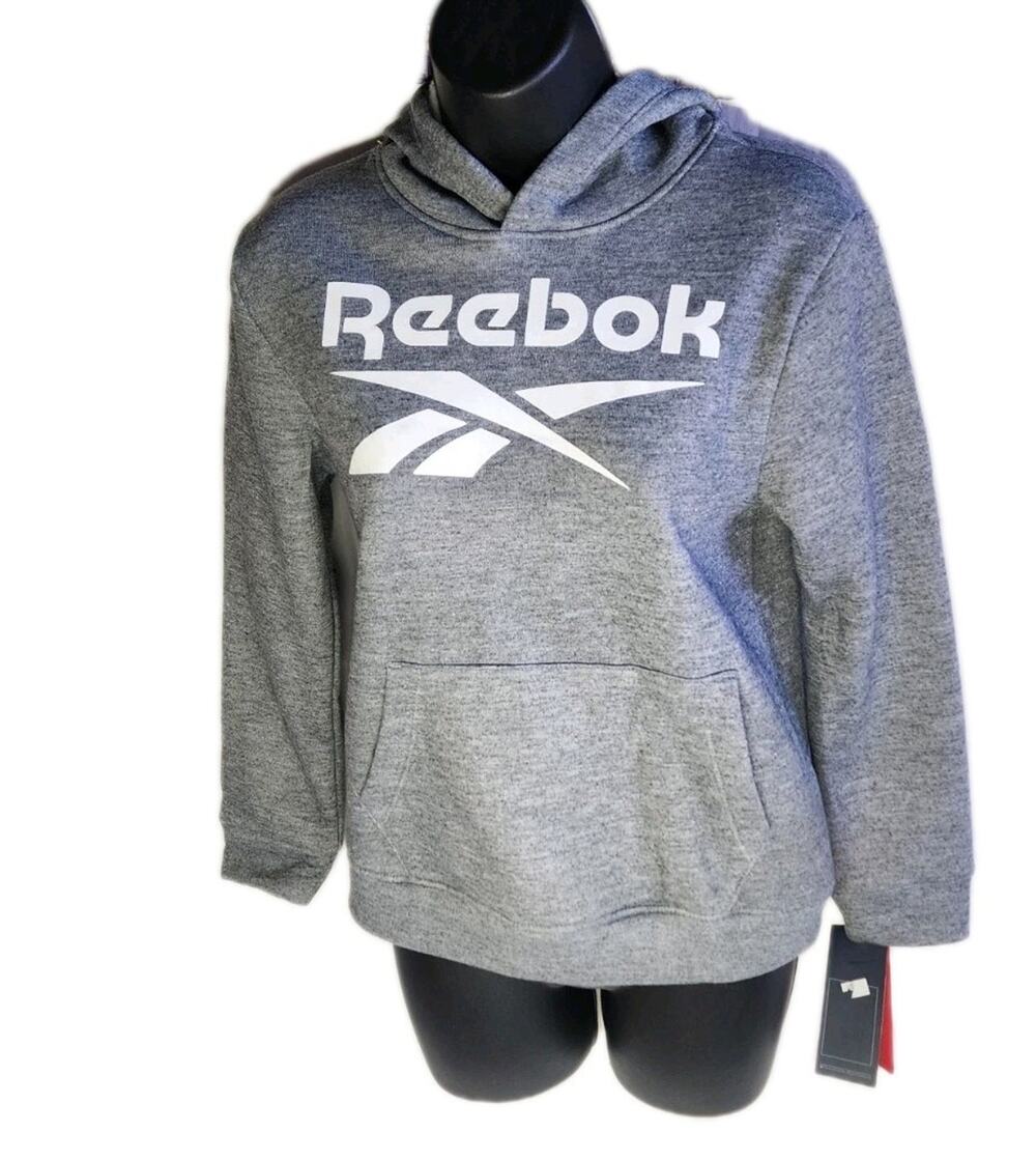 REEBOK Youth S 14 NWT Unisex Pullover Hoodie Classic Grey White Logo Soft Fleece